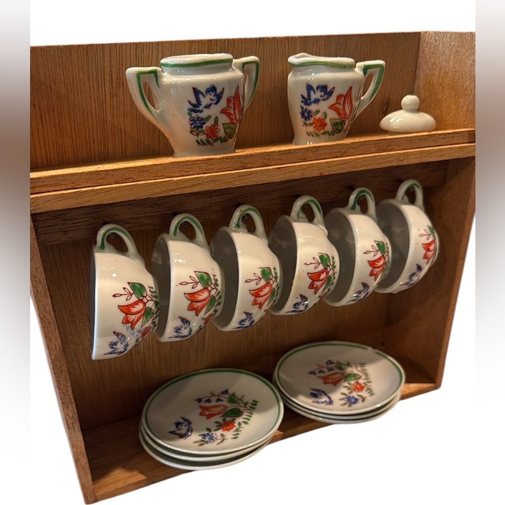 Vintage Japanese Miniature Tea Set with Wooden Display